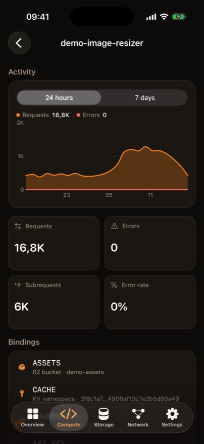 A Worker: requests and errors over 24 hours, and the R2 bucket, KV
            namespace and queue it is bound to.